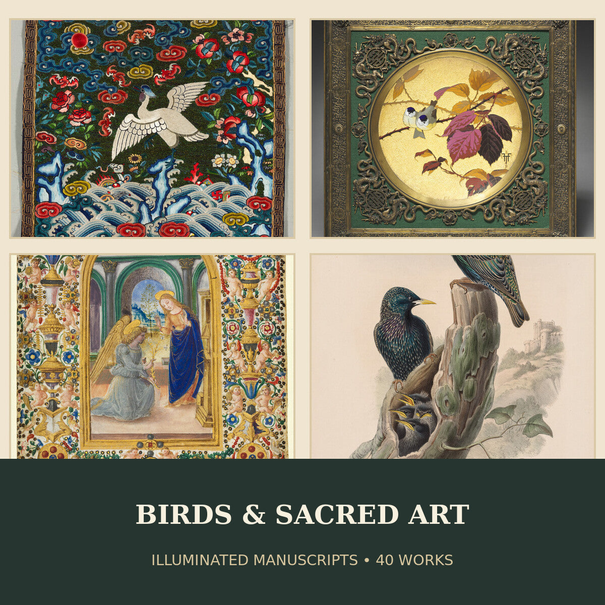 Collage of bird art, sacred imagery and illuminated manuscripts included in the 40-work digital collection