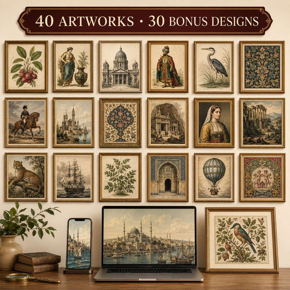 Overview of 40 varied historical artworks and 30 bonus digital designs