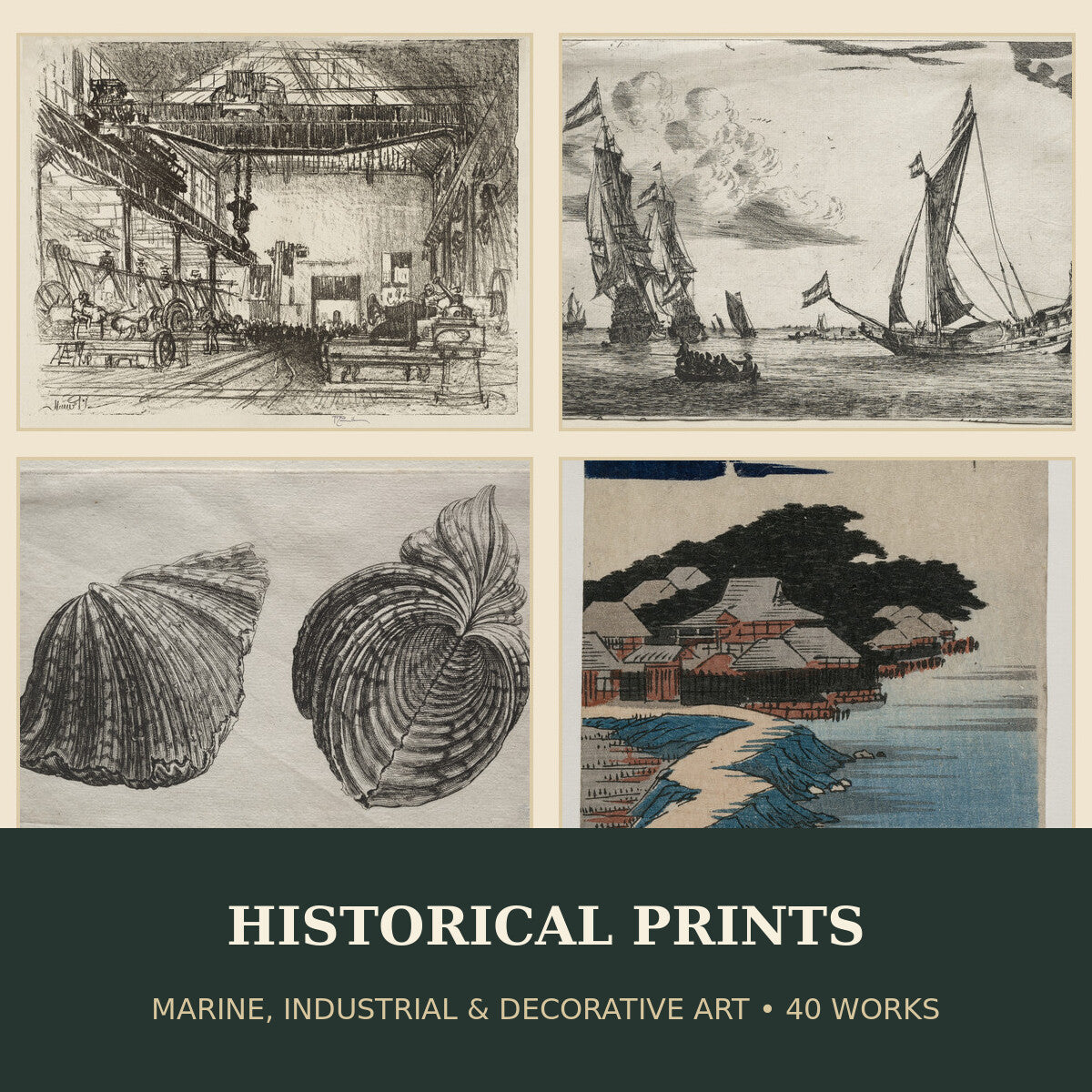 Collage of historical marine, industrial and decorative artworks included in the 40-work digital collection