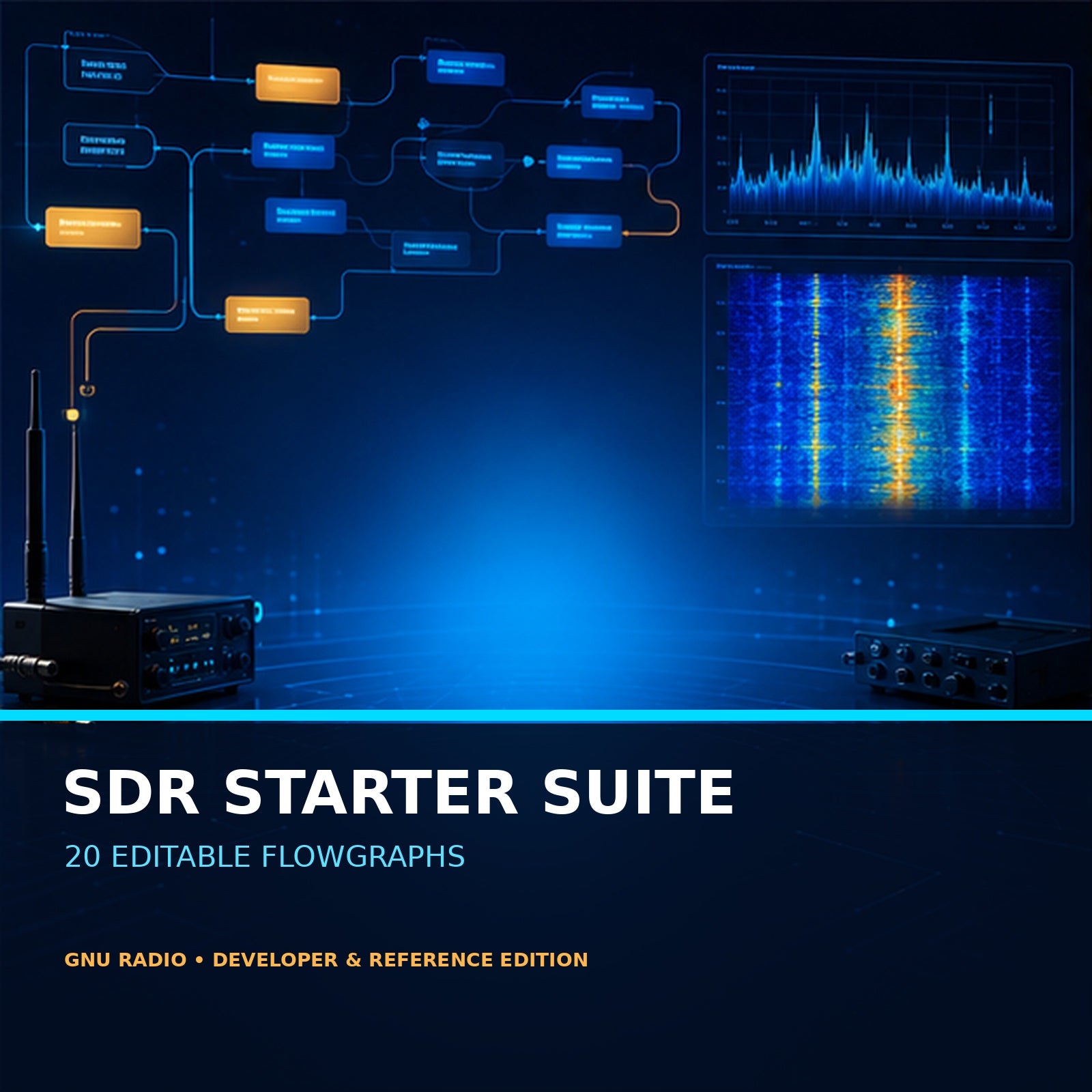 GNU Radio SDR Starter Suite – 20 Editable GRC Flowgraphs, Python Scripts & PDF Manuals – product overview