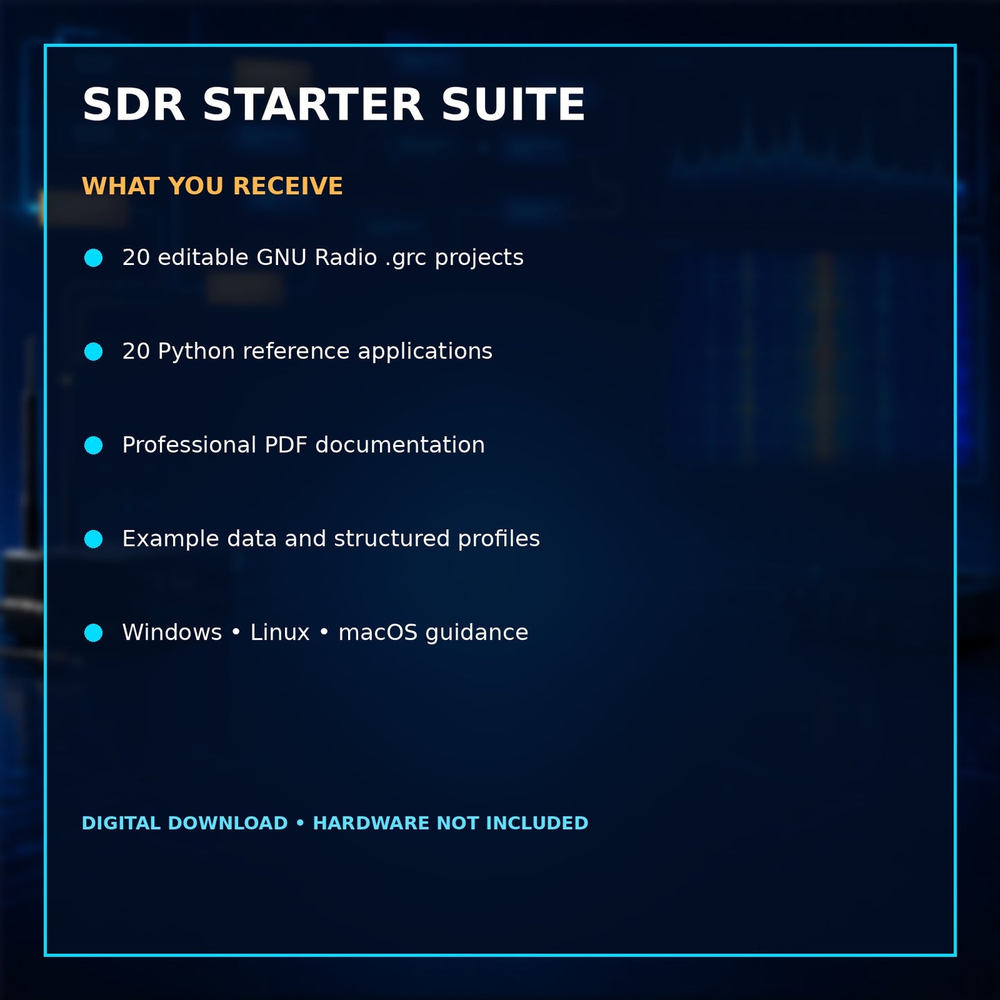 GNU Radio SDR Starter Suite – 20 Editable GRC Flowgraphs, Python Scripts & PDF Manuals – included files