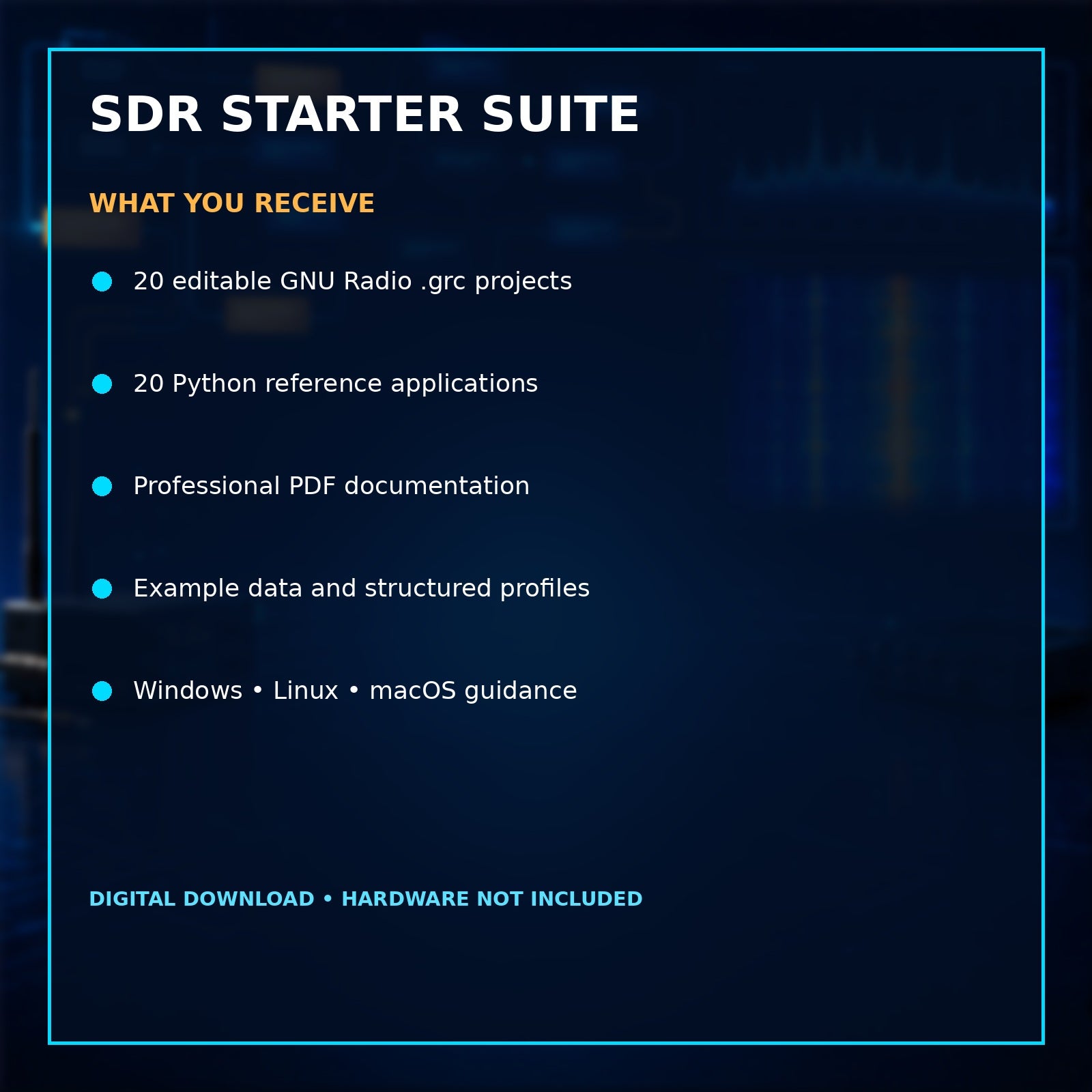 GNU Radio SDR Starter Suite – 20 Editable GRC Flowgraphs, Python Scripts & PDF Manuals – included files